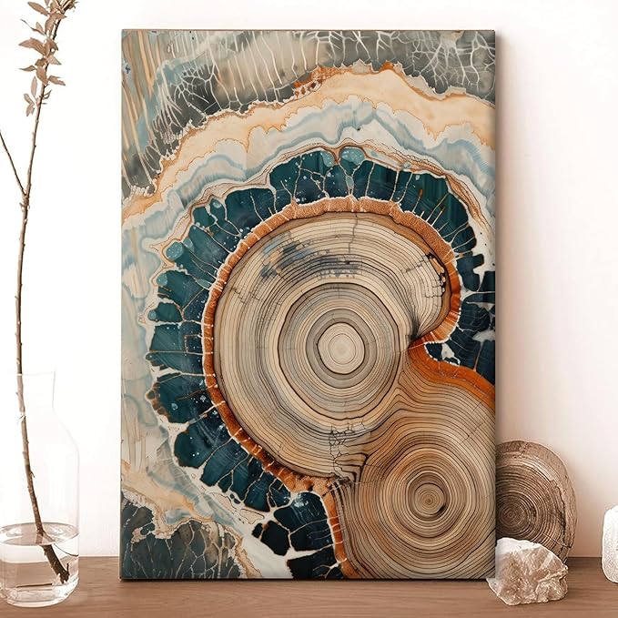 IBHJSART Framed Tree Ring Canvas Wall Art Vintage Colorful Wood Stump Painting Prints Modern Minimalist Pictures Neutral Nature Rustic Farmhouse Decor Living Room Bedroom Bathroom Office