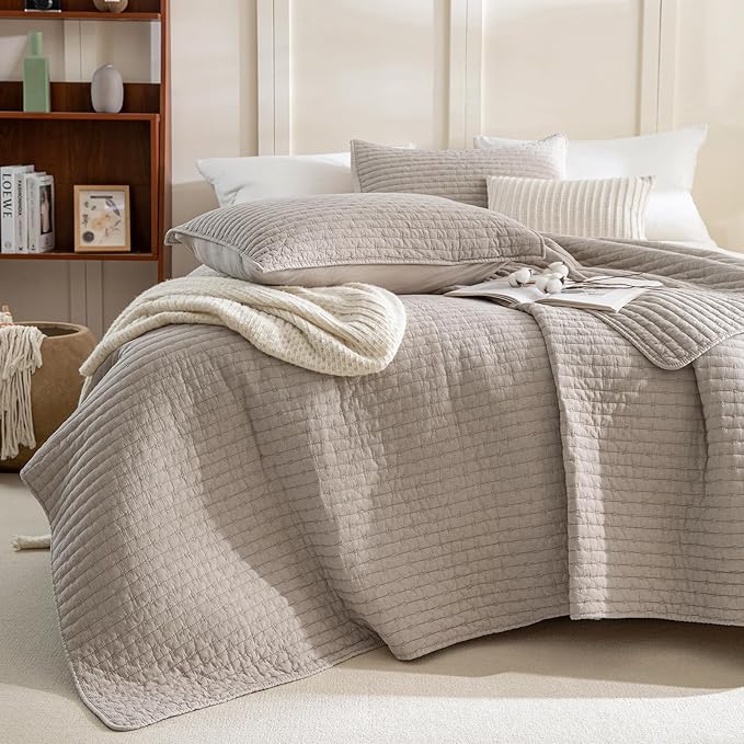Sanracie Stonewashed Cotton Coverlet Oversized King(102"x118"), Linen Colored Cross Stitch Pattern Quilt Sets 3Pcs Ultra Soft Lightweight Crinkle Bed Coverlet Set for All Season