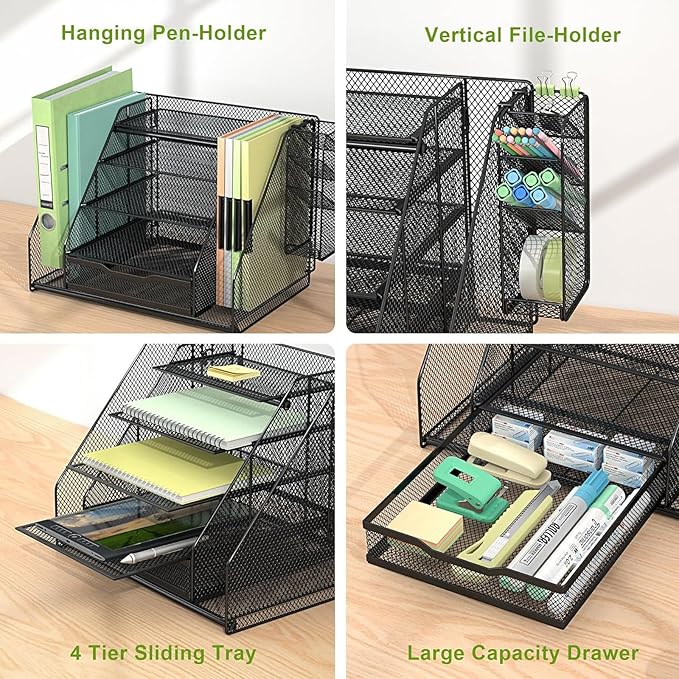 Desk Organizer, 5 Tier File Organizer for Desk with Sliding Drawer and Pen Holder, Mesh Desktop Organization with Magazine Holder for Office Supplies
