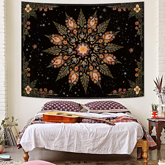 Fowocu Boho Floral Mandala Tapestry for Bedroom Aesthetic Vintage Bohemian Flower Wall Tapestry Black Green Hippie Indian Tapestries Wall Hanging for Living Room Dorm Decor 60 x 44 Inch
