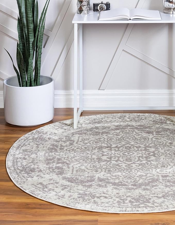 Rugs.com Arlington Collection Rug – 8 Ft Round White Medium-Pile Rug Perfect for Kitchens, Dining Rooms