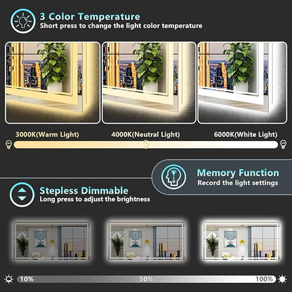 72x36 Inch LED Bathroom Mirror with Lights, Backlit & Front Lit, Anti-Fog Lighted Vanity Mirrors for Bathroom Wall, Dimmable, 3 Color Temperatures, Memory, Shatter-Proof, HD Tempered Glass