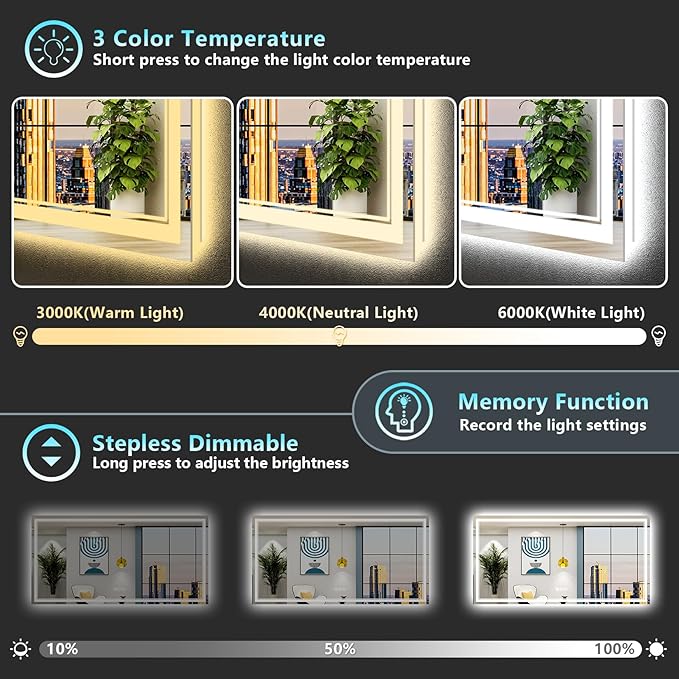 72x32 Inch LED Bathroom Mirror with Lights, Backlit & Front Lit, Anti-Fog Lighted Vanity Mirrors for Bathroom Wall, Dimmable, 3 Color Temperatures, Memory, Shatter-Proof, HD Tempered Glass