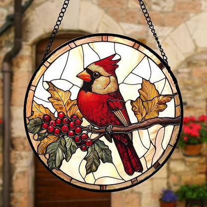 DASTOLL Stained Glass Window Hanging, Birds on a Branch Cardinal Sun Catchers Diamond Glass Panel Hangings Suncatcher Decor for Birthday for Women, Men, Wife, Aunt, and Mom 6.3 in