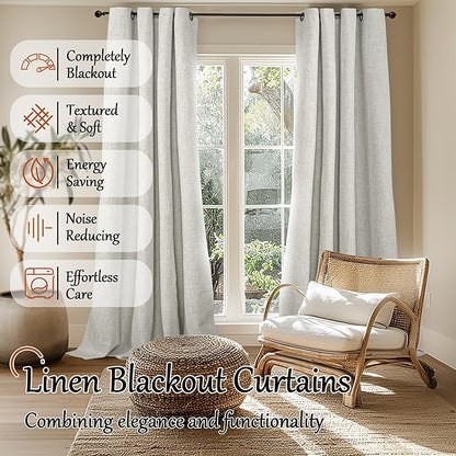 Lajode 60 Inch Wide Linen Blackout Curtains for Living Room/Bedroom 84 Inch Length 2 Panels, Total Black Out Thermal Insulated Soundproof Grommet Boho Window Drapes for Modern Farmhouse, Light Grey