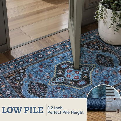Tangsoo Blue 2x6 Washable Runner Rug for Hallways, Non Slip Oriental Runner Rug, Vintage Soft Low Pile Long Rug Runner, Carpet Runners for Kitchen Bedroom Entryway Bathroom Living Room Blue/Black