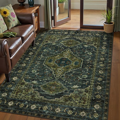 Tangsoo Washable Rug 4x6 Area Rug, Oriental Rug Indoor for Living Room, Non Slip Machine Washable Large Rugs, Soft Print Distressed Olive Green Carpet for Bedroom Dining Room Dorm Office