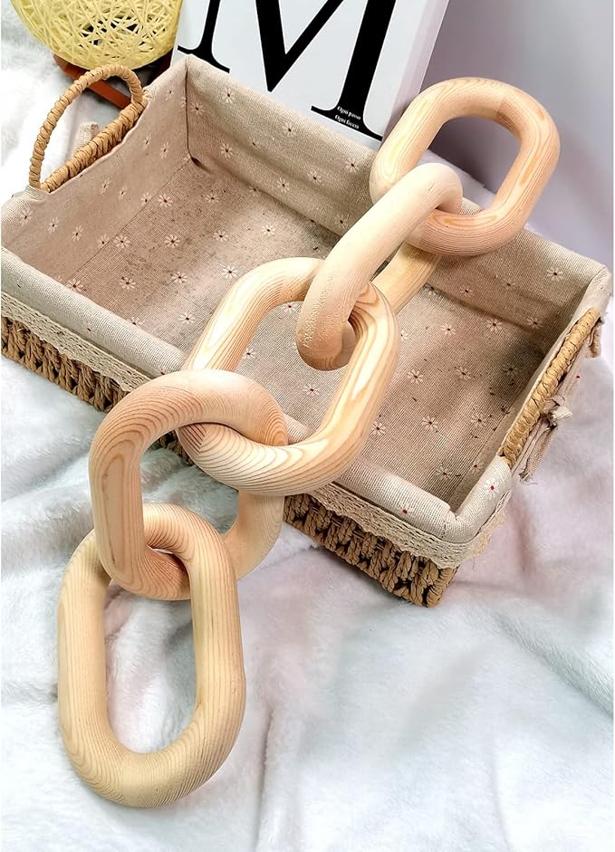 Wood Chain Link Decor, Shelf Decor Accents 5 Link Chain Boho Pine Wood Carved Modern Home Decor，for Farmhouse Living Room Bedroom Bookshelf Porch Coffee Table Decor(Wood Color)