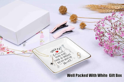 Sisters Forever Never Apart - Ceramic Jewelry Holder Ring Dish Trinket Tray-Birthday Gift-Christmas Gift-Graduation Gift-Long Distance Going Away Gift for Sister Best Friend Her