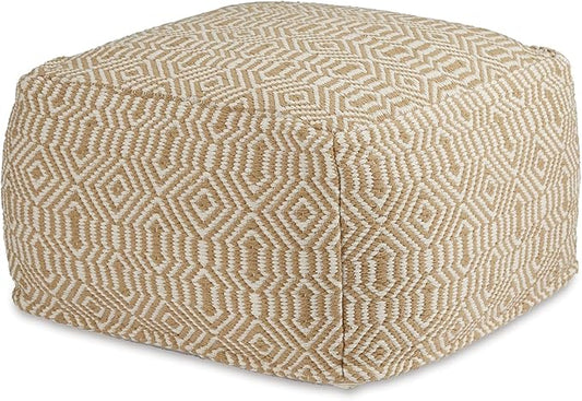 Signature Design by Ashley Adamont Casual Handwoven Geometric Pouf, Beige & White