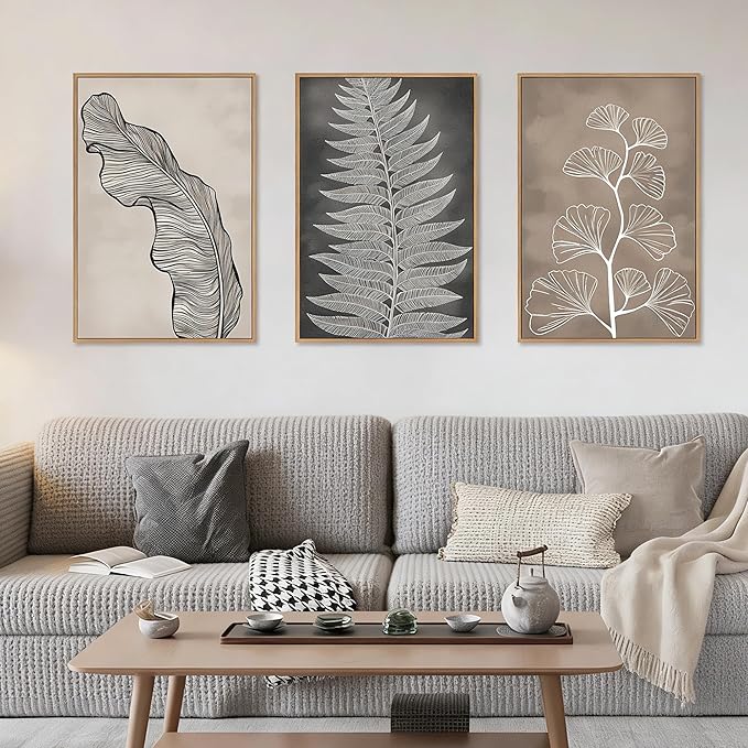 HLNIUC Botanical Neutral Framed Wall Art Set, Abstract Fern Leaf Canvas Wall Decor, Vintage Rustic Plant Wall Painting, Black Beige Nature Art Print for Living Room, Bedroom, Office - 24"x36"x3