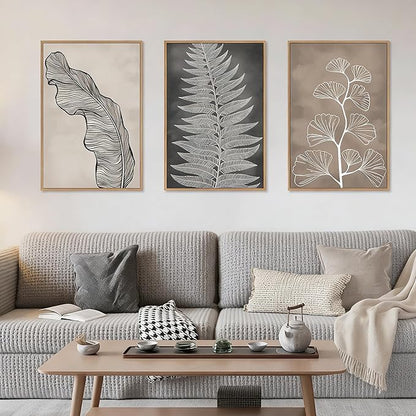 HLNIUC Botanical Neutral Framed Wall Art Set, Abstract Fern Leaf Canvas Wall Decor, Vintage Rustic Plant Wall Painting, Black Beige Nature Art Print for Living Room, Bedroom, Office - 24"x36"x3