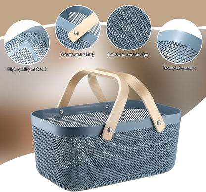 Sadnyy 4 Pcs Plastic Mesh Garden Harvest Basket Storage Basket with Wooden Handle Multi Functional Mesh Bin for Kitchen Cabinet Picnic Fruit Vegetable Gathering Organizer(Large,Blue)