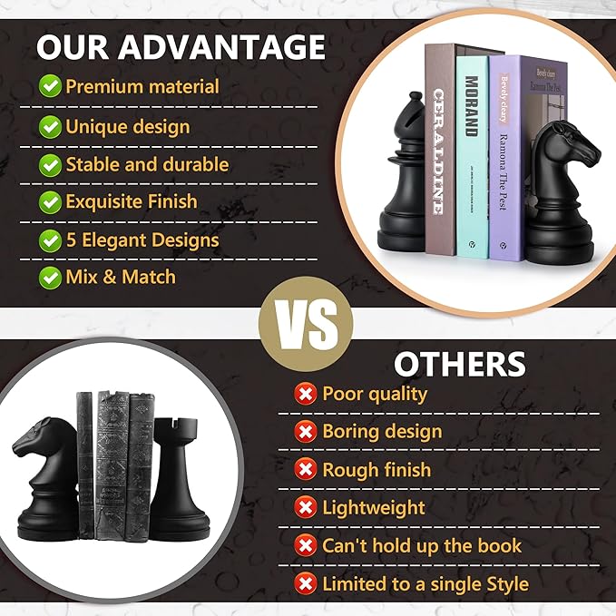 Chess Book Ends for Shelves – Elegant Decorative Bookends for Heavy Books, Office & Living Room Decor – Modern Shelf Organizer and Gift for Book Lovers by ROOKMATE (Matte Black, Légal’s Mate)