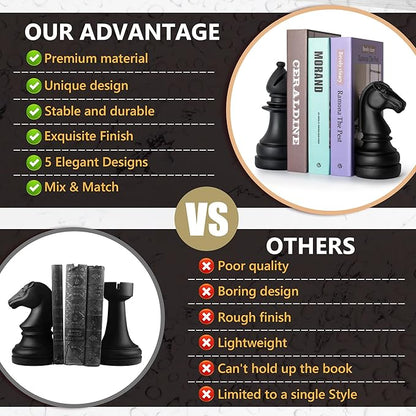 Chess Book Ends for Shelves – Elegant Decorative Bookends for Heavy Books, Office & Living Room Decor – Modern Shelf Organizer and Gift for Book Lovers by ROOKMATE (Matte Black, Légal’s Mate)
