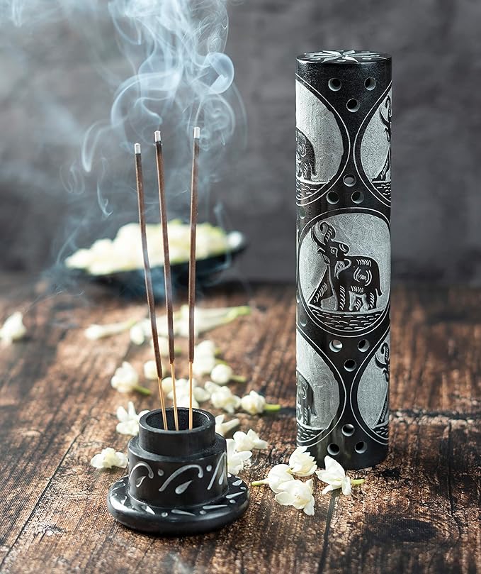 Crocon Handmade Black Marble Incense Stick Tower Burner Round Shape Jali Design Incense Tower Burner | Tea Light Candle Holder | Living Room Decor Home Fragrance Decorative Gift Size 3X3X10 Inch