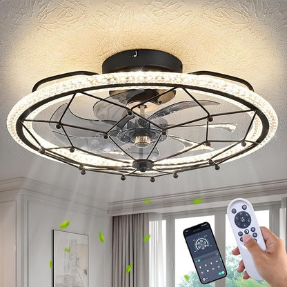 Matte Black Ceiling Fan with Light, Farmhouse Chemistry Molecular Model Caged Ceiling Fan with Remote, LED Low Profile Ceiling Light for Bedroom Kitchen Living Room