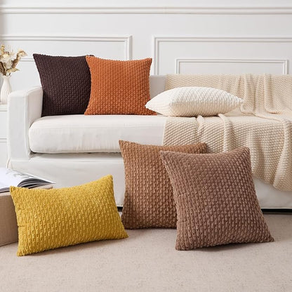 Kevin Textile Decorative Pillow Covers Set of 2 Striped Plush Corduroy Pillows Pillowcases Boho Home Decor Cushion Covers for Couch Sofa Bed Living Room 20x20 Inch, Coffee