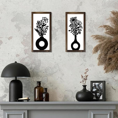Kas Home 3D Floral Wall Art, 2 Set Rustic Wood Boho Flower with Vase Framed Wall Decor for Bathroom Living Room Bedroom Office Housewarming Gift, Ready To Hang Plaque Sculptures (White-B, 6L" x 12W", Framed)