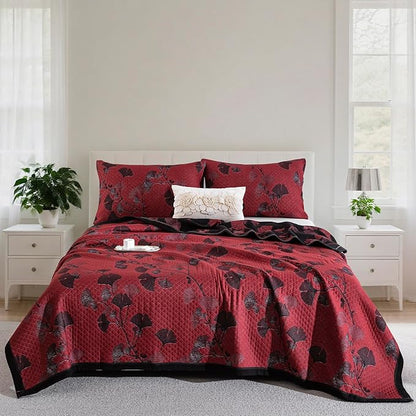100% Cotton Muslin Jacquard 2 Piece Quilt Set Floral Ginkgo Leaf Print, Soft 3 Layers Gauze Bed Cover Reversible Bedspread Coverlet Breathable Lightweight Bedding Set, Twin