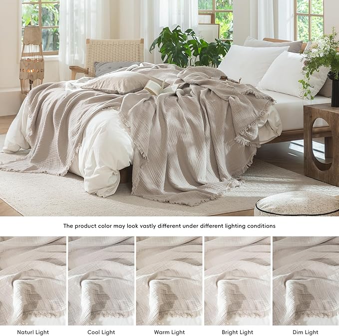 MooMee Muslin Blanket - 100% Cotton 4-Layer Gauze Throw Blanket with All-Around Fringe, Ultra-Soft Breathable Lightweight Cooling Decorative for Bed, Sofa & Couch (Cream Grey,King 104" x 90")