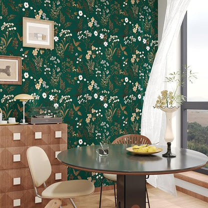 Dark Floral Wallpaper Peel and Stick 17.5in x393in Vintage Green Gold Leaf Wallpaper Vinyl Waterproof Self-Adhesive Boho Botanical Wall Paper Mural for Cabinet Bookcase Bedroom Decor