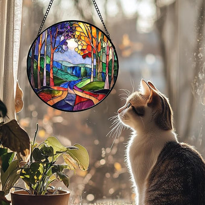 DASTOLL Stained Glass Window Hanging, Colorful Forest Landscape Tree Suncatcher for Doors Window Home Abstract Sun Catchers Decoration Mother's Day Birthday Gifts for Women, Men, and Mom 15 in