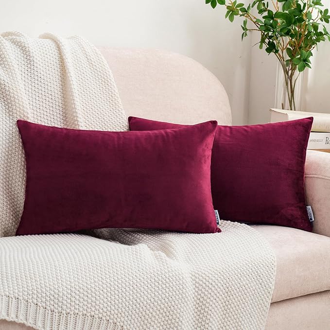 HWY 50 Wine Red Velvet Rectangular Throw Pillow Covers 12x20 Inch, Pack of 2 Soft Cozy Solid Decorative Luxury Cushion Cases for Couch Sofa Bed Living Room Bedroom