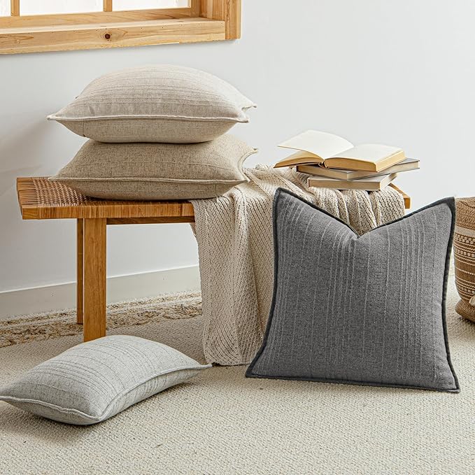 a moment Linen Pillow Covers Set of 2,Boho Farmhouse Throw Pillowcases Neutral Textured Decorative Covers for Couch Sofa,Soft Linen Blend Accent Case Cushion Living Room Home Decor 20"x20"Rustic Gray