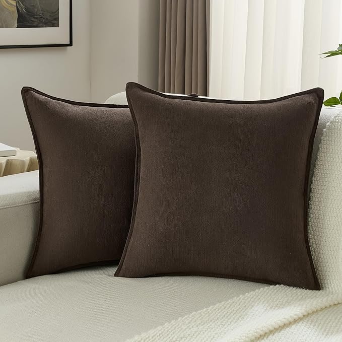 FUTEI Dark Coffee Chenille Throw Pillow Covers 22x22 Inch Set of 2,Edges Double-Stitched Cushion Cases,Modern Home Decor for Couch Living Room