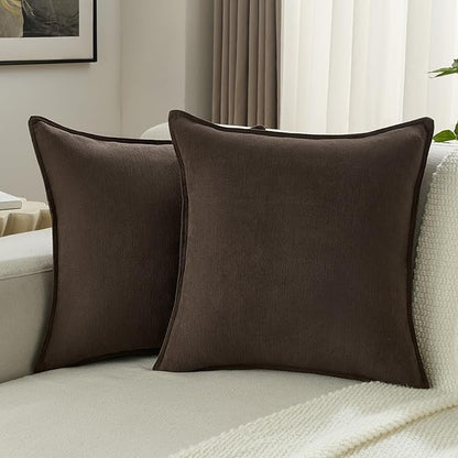 FUTEI Dark Coffee Chenille Throw Pillow Covers 22x22 Inch Set of 2,Edges Double-Stitched Cushion Cases,Modern Home Decor for Couch Living Room