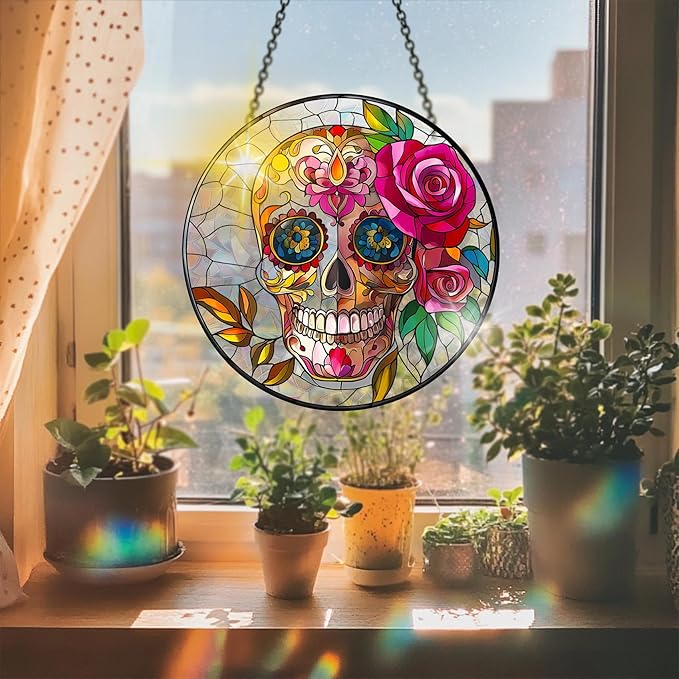 VAIIEYO Skull Rose Acrylic Sun Catcher Window Hanging Decoration, 7.8 Inch Double-Sided Light Reflecting Ornament for Window, Garden, Porch or Balcony Decor, Housewarming, Gift for Natural Lovers