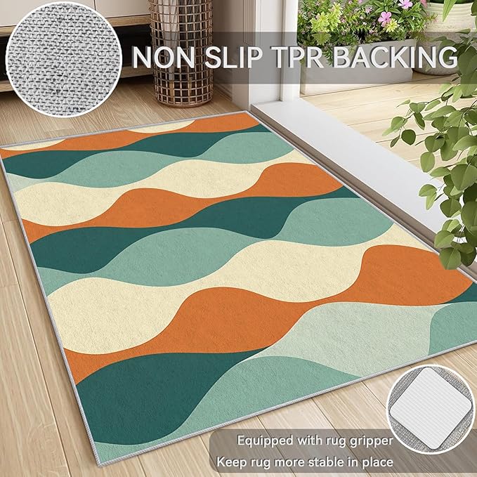 Mid Century Rug Orange - Mid Century Contemporary Area Rug, 4x7 Rug, Abstract Colorful Geometric Rug & Home Decor, Retro Wave Carpet & Room Decor, Washable Non Slip Anti Skid Rugs