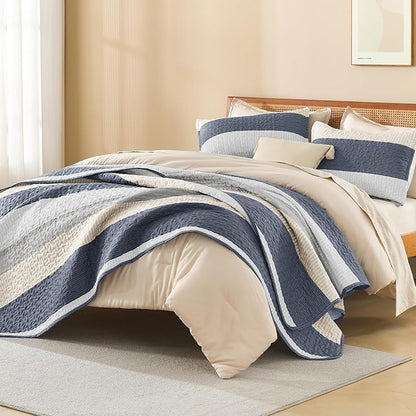 Litanika Quilt King Size Blue and Yellow, Stripe Patchwork Summer Bedspread Coverlet 3 Pieces, Soft Lightweight Microfiber Quilted Bedding Set for All Season(1 Quilt, 2 Pillowcases)