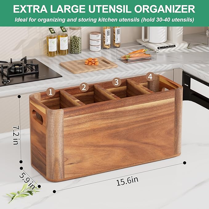 ZUJJAFY Utensil Holder, Extra Large Kitchen Utensil Holder for Counter with 4 Compartments, Wooden Kitchen Utensils Organizer for Countertop Cooking Spatula Storage, Acacia Wood
