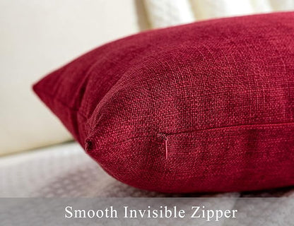 Stellhome Christmas Decorative Burlap Throw Pillow Covers Square Solid Farmhouse Decorative Linen Cushion Covers for Bed Couch Sofa Bench, 18 x 18 inch (45 cm), Red, Set of 2