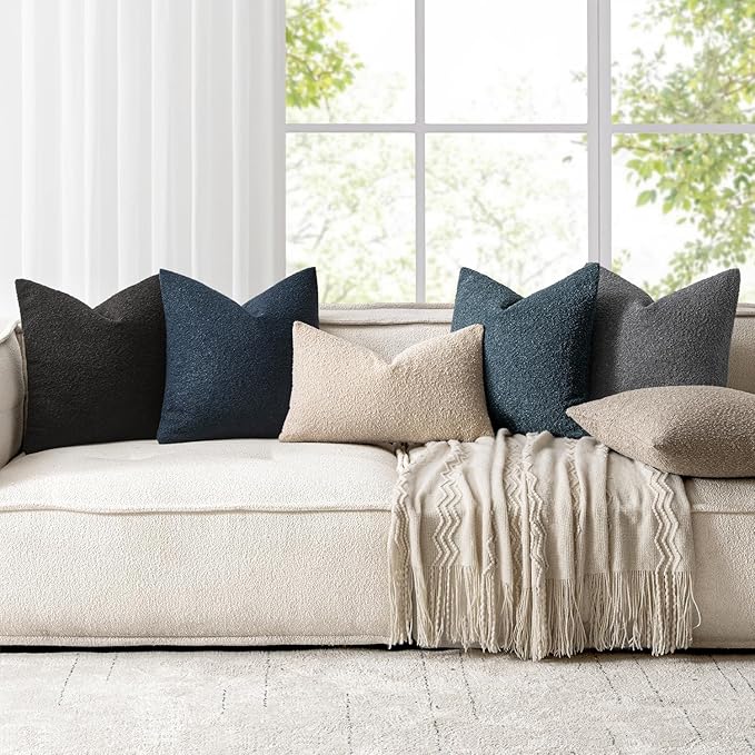 Woaboy Pack of 2 18x18 Inch Decorative Boucle Throw Pillow Covers Textured Square Pillowcaes Accent Solid Cozy Soft Cushion Covers Home Decor for Sofa Couch Living Room Home Decor,Black