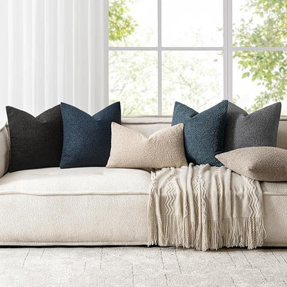Woaboy Pack of 2 18x18 Inch Decorative Boucle Throw Pillow Covers Textured Square Pillowcaes Accent Solid Cozy Soft Cushion Covers Home Decor for Sofa Couch Living Room Home Decor,Black