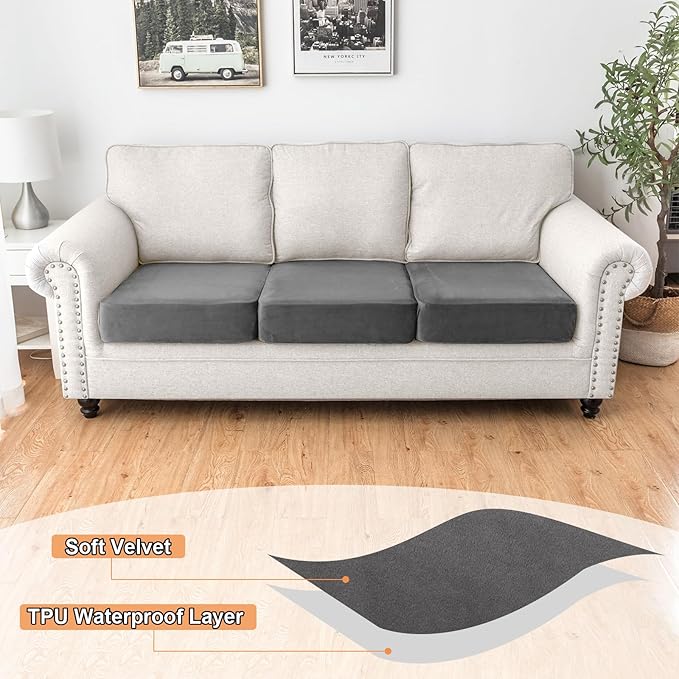 NAISI Waterproof Couch Cushion Covers Thick Velvet Fabric Washable Sofa Slipcovers 3 Pieces Individual Sectional Couch Covers with Elastic Bottom(3 Pcs for 3-Seat or Backrest,Grey)