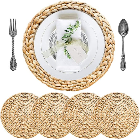 Woven Placemats Set of 4, Table Mats Set of 4, Water Hyacinth Round Placemats for Round Table, Chargers for Dinner Plates, Wicker Chargers for Dinner Plates, Woven Placemat, Place Mats 13.4 in