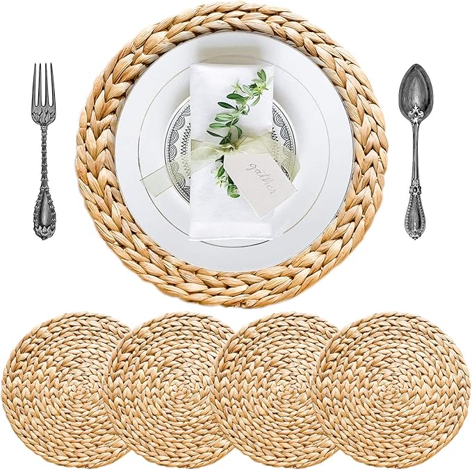 Woven Placemats Set of 4, Table Mats Set of 4, Water Hyacinth Round Placemats for Round Table, Chargers for Dinner Plates, Wicker Chargers for Dinner Plates, Woven Placemat, Place Mats 11.8 in