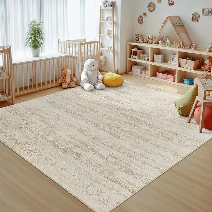 Area Rugs 5x7 for Living Room, Floral Washable Rugs for Dining Room, Bedroom, Kitchen, Vintage Non-Slip Thin Area Rug Beige Ivory
