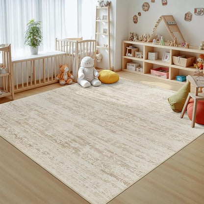 Area Rugs 5x7 for Living Room, Floral Washable Rugs for Dining Room, Bedroom, Kitchen, Vintage Non-Slip Thin Area Rug Beige Ivory