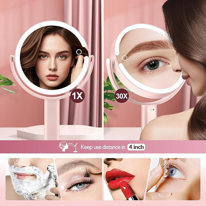 Makeup Mirror with Lights, 30X Magnifying & Height Adjustable, Lighted Magnifying Mirror with 3 Light Modes and Stepless Dimming, Vanity Mirrors for Bathroom, Birthday Gift for Women, Pink