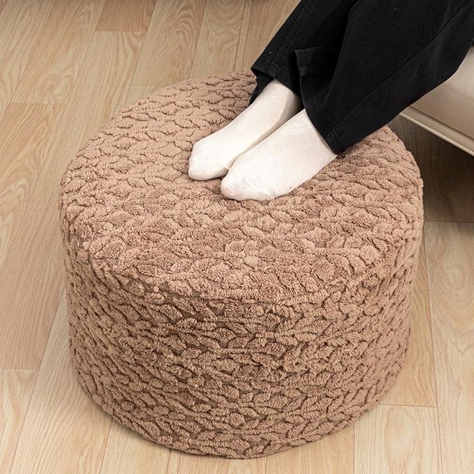 Round Pouf Ottoman Stuffed 20 x 20 x 14 Inches Boho Poof Foot Stool Home Decor Floor Pouffe Ottoman Foot Rest for Couch Sofa Bean Bag Chairs Living Room Bedroom (Brown)