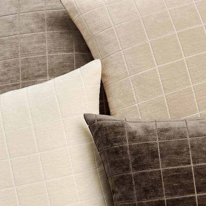MIULEE Decorative Chenille Check Lumbar Throw Pillow Covers Vintage Plaid Couch Pillows 12x20 Inch Set of 2 Neutral Boho Farmhouse Cushion Covers Modern Spring Decor for Sofa Bed Living Room Cream