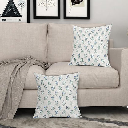 Blue Green Block Print Pillow Covers 16x16 Set of 2 Decorations Vintage Floral Throw Pillow Covers Decor Rustic Pillowcases Flower Pattern Farmhouse Cozy Soft for Sofa Bed Chair Home Decorative