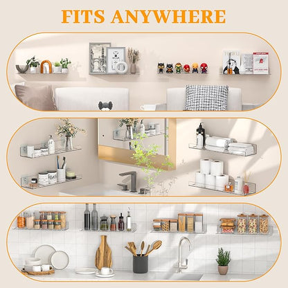 2 Pack Adhesive PET Floating Shelves for Wall, Living Room, Kitchen, Bathroom Organizers and Storage with Adhesive Hooks (for No Drilling) and Drilling Screws