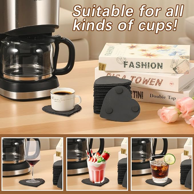12 Pcs Slate Drink Coasters Bulk,4X4 Inch Black Slate Stone Coasters for Office, Home Decor,Laser Engraving Blanks with Anti-Scratch Bottoms for Coffee Bar Kitchen(Heart)