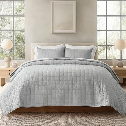 EVERGRACEHOME 100% Cotton Box Stitch Quilt Bedding Set Queen Size 3 Pieces, Garment-Washed Lightweight Soft Cozy Coverlet, Quilted Bedspread Sets with 2 Shams for All Season, Fog Gray